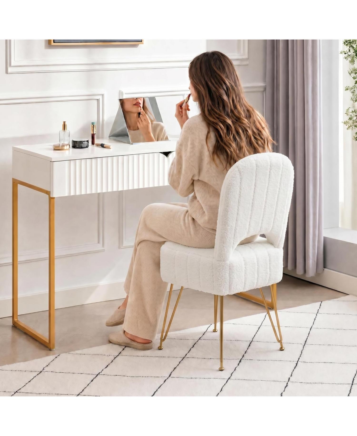 gaomon Vanity Stool Chair with Backrest, Square Ottoman with Hidden Storage Compartment, Soft Teddy Fabric, Modern Style for Bedroom