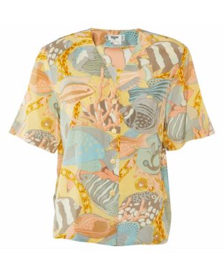 Women's Fish Print Silk Short Sleeve Blouse