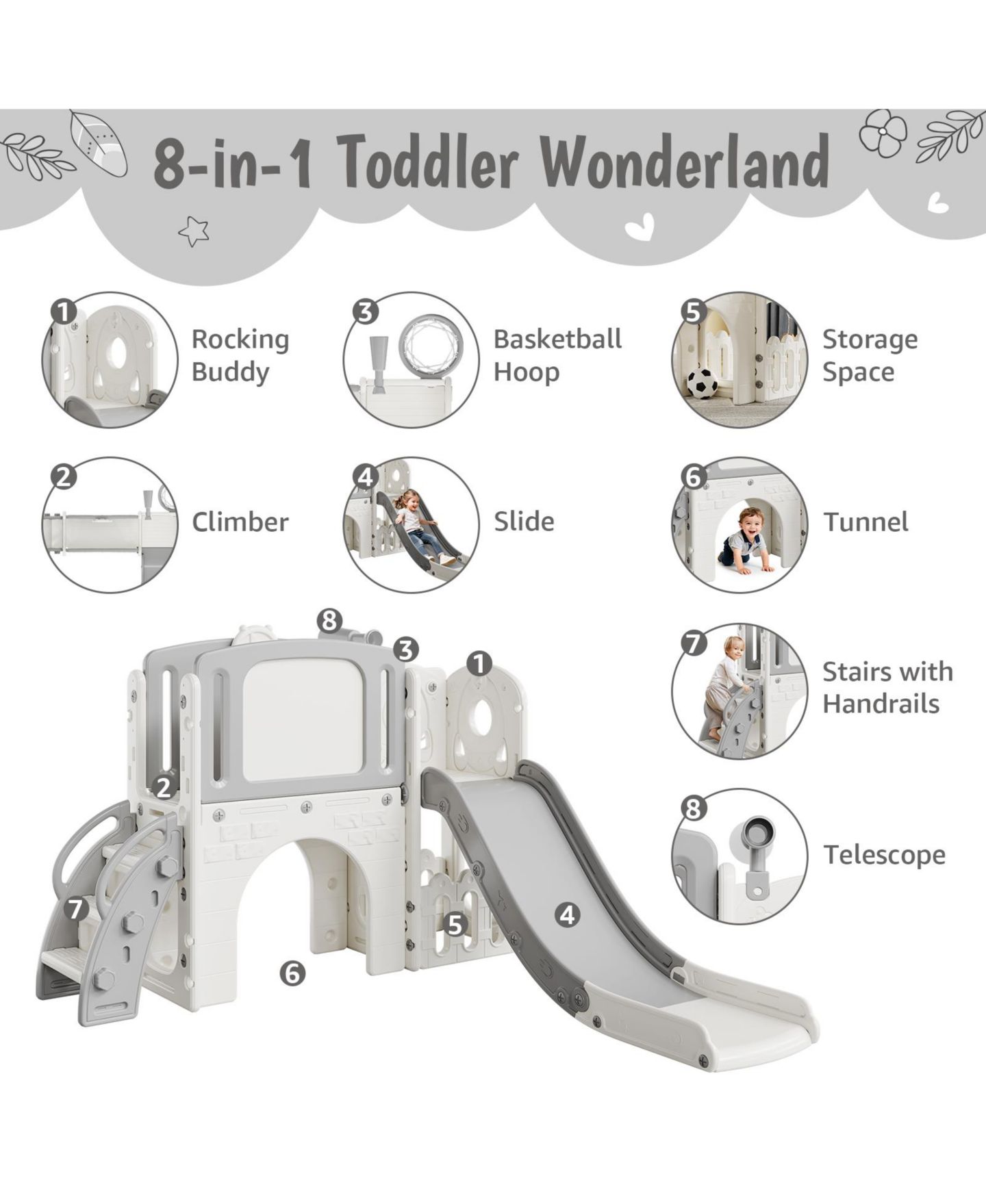 Детские игрушки homfan 8 in 1 Indoor/Outdoor Play Tunnel and Climber Set with Slide and Basketball Hoop, Ages 1-6, цвет: Серый — фото 3