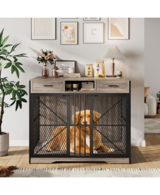 44 Dog Crate Furniture with Drawers - Wooden Pet Cage and End Table, Open Compartment, Double Doors, Heavy Duty