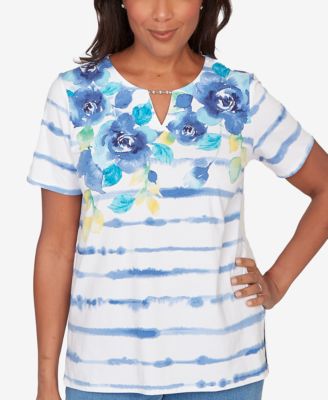 Women's Striped Floral Split Neck Top