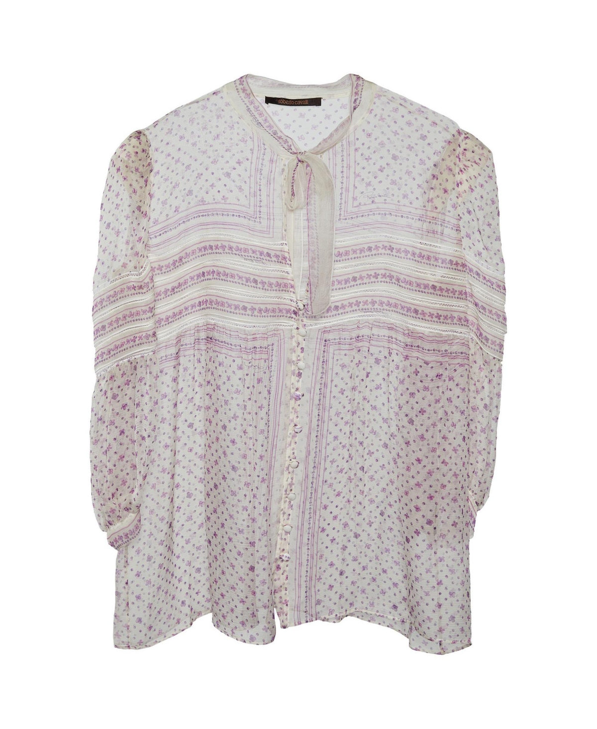 Pre-Owned Roberto Cavalli Women's Floral Print Silk Tie-Neck Blouse