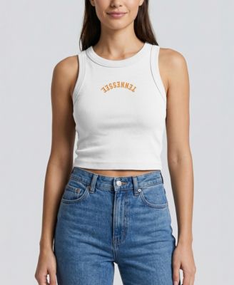 Women's White Tennessee Volunteers Upside Down Embroidery Ribbed Cropped Tank Top