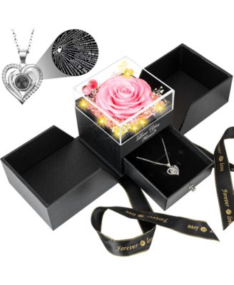 5-Piece Preserved Rose with LED Lights, Heart Necklace and Acrylic Box Gift Set