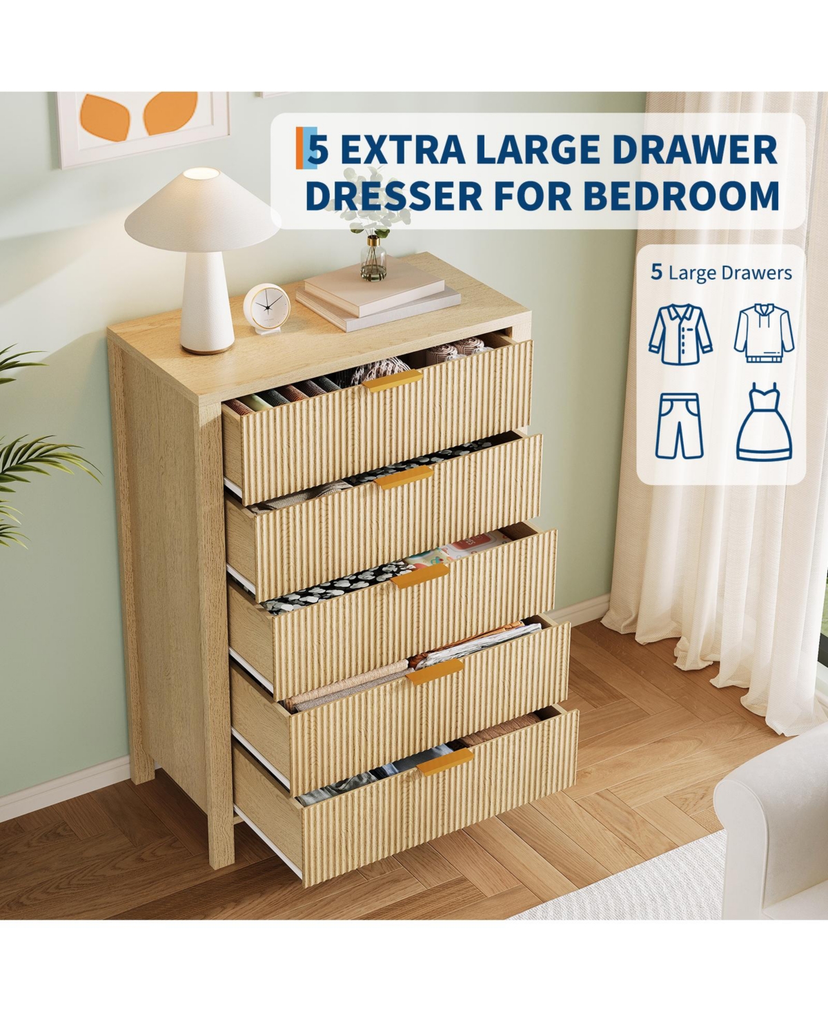 homfan Fluted Front Chest of Drawers, Multi-Drawer Wooden Storage Cabinet with Metallic Pull Handles, Freestanding Accent Organizer