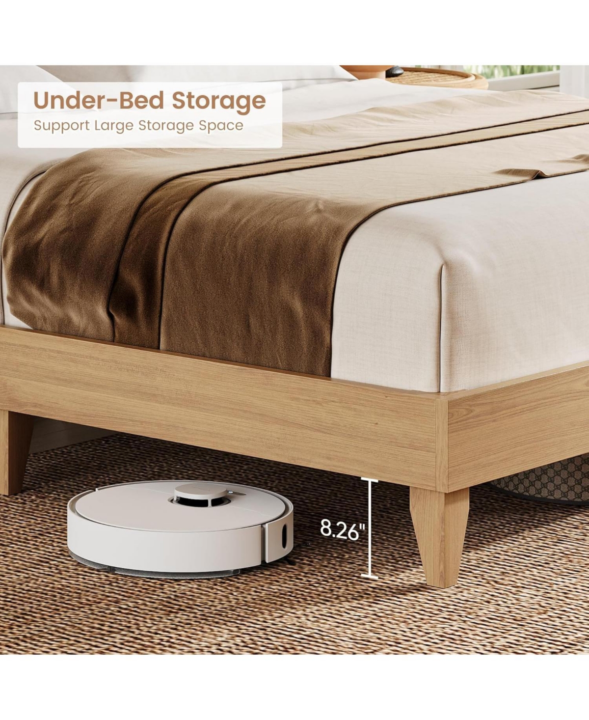 homfan King Size Oak and Rubber Wood Rattan Platform Bed, Noise-Free Pine Slat Support Bed Frame, Tool-Free Quick Assembly Bedroom Bed