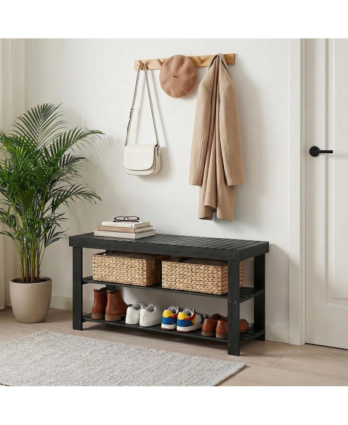 homfan 3-Tier Natural Bamboo Shoe Bench, Heavy Duty 3-in-1 Entryway Storage Organizer for Home Hallway