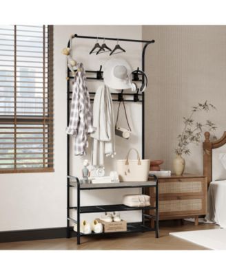 3-in-1 Hallway Coat Rack with Shoe Bench, Sturdy Iron and Wood Multi-shelf Storage Organizer for Entryway Home Office