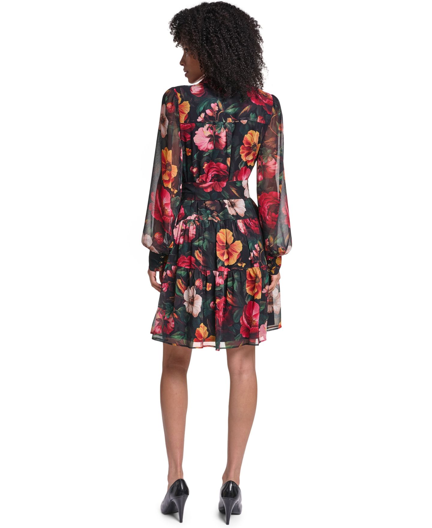 Женское платье KARL LAGERFELD PARIS Printed Grid Chiffon Shirtdress, цвет: Чёрный / Комбинированный — фото 5