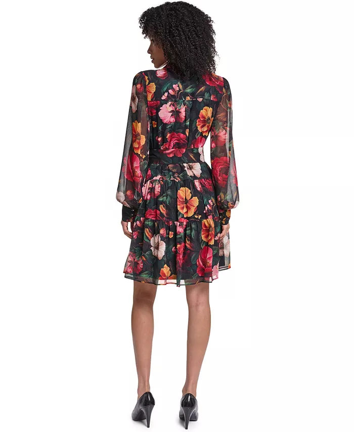 Women's Printed Grid Chiffon Shirtdress - thumbnail 5