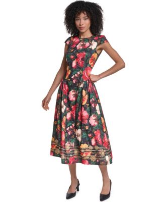 Women's Floral Print Jacquard Fit & Flare Midi Dress