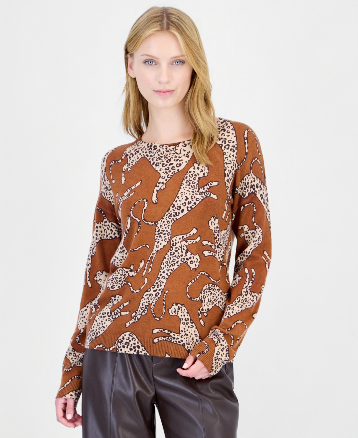 T Tahari Women's Long-Sleeve Leopard-Print Sweater