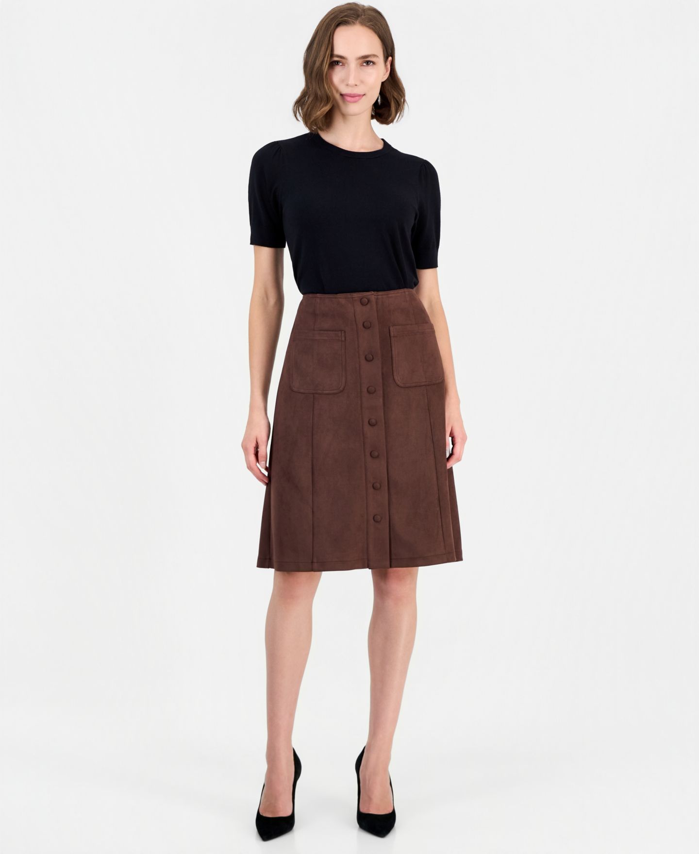 Женская юбка T Tahari High-Waisted Midi A-Line Faux Suede, цвет: Насыщенный мокко — фото 2