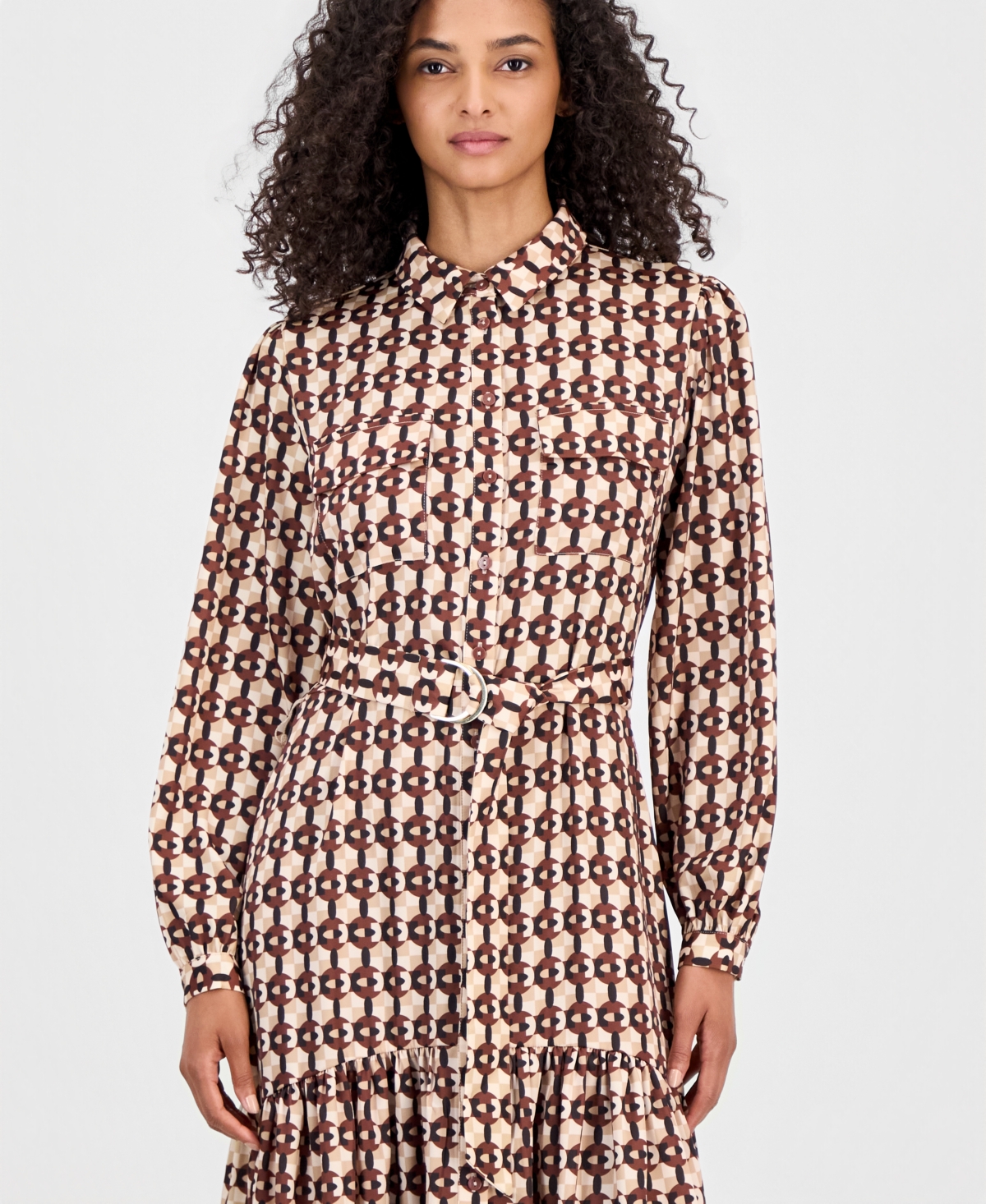 T Tahari Women's Long-Sleeve Button-Down Peplum Midi Dress