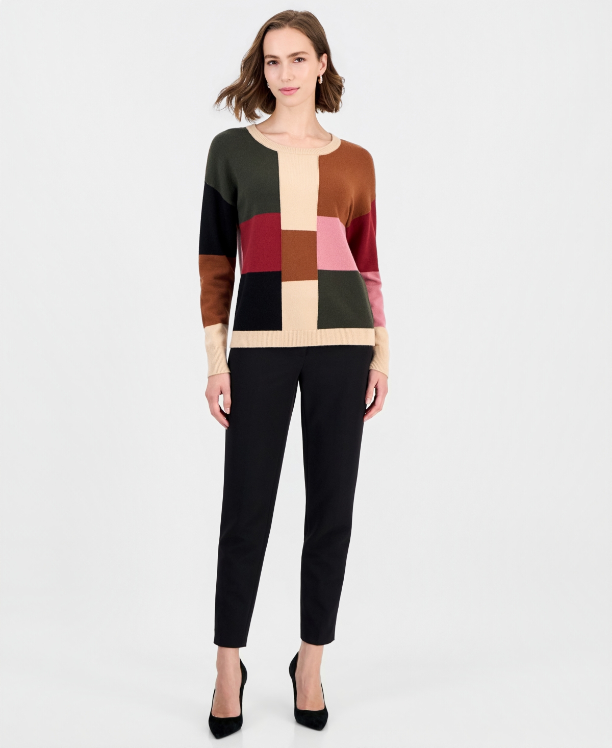 T Tahari Women's Colorblock Crewneck Long-Sleeve Pullover Sweater