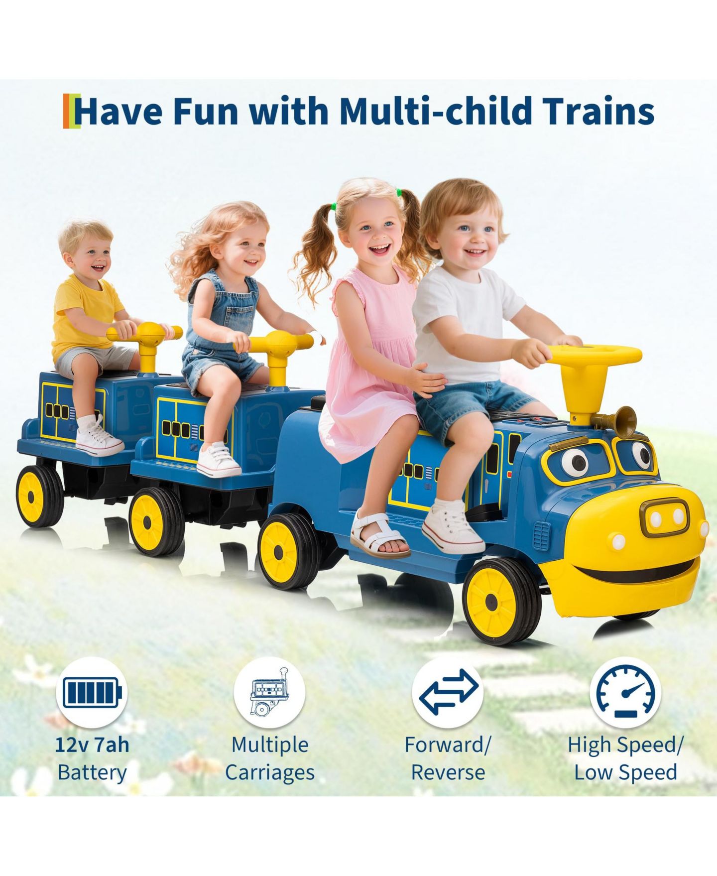 Детская игрушка homfan Licensed Chuggington Toy Train 12V Battery-Powered Ride-On with Music, 22.2"L x 14.6"W x 19.3"H, for 2 Players, 3–6 лет, цвет: Синий — фото 4