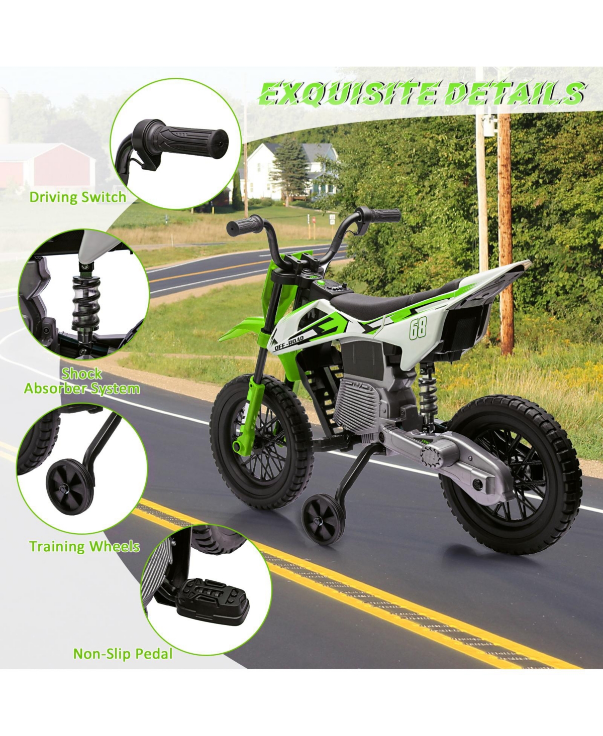 homfan 12V Kids Electric Dirt Bike - Dual 25W Motors, Twist Grip Throttle, Training Wheels, Spring Suspension, Ride On Toy for Ages 3