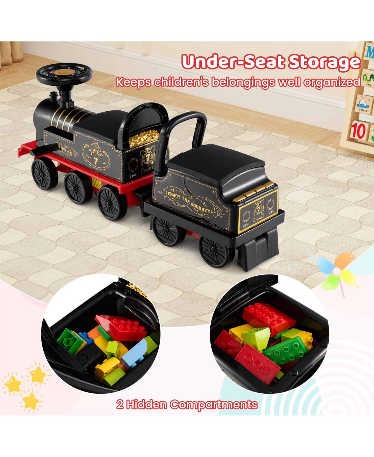 Детская игрушка Slickblue Ride On Train 2-Seater 6V with LED Lights, Ages 18+ Months, цвет: Чёрный — фото 8