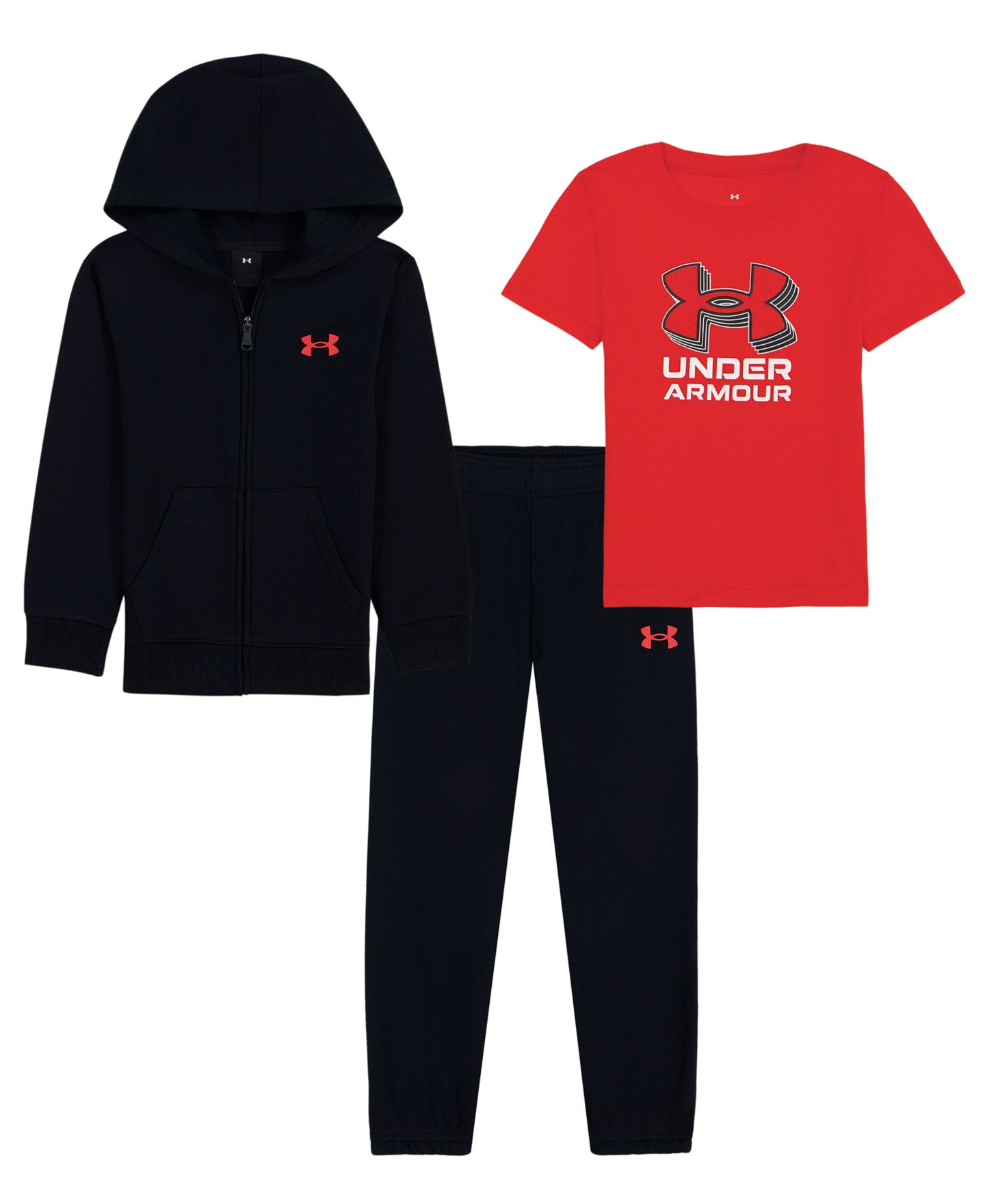 Детский комплект Under Armour: худи, футболка и джоггеры, 2-7 лет, 3 предмета, цвет: Чёрный / Красный — фото 1