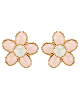 Gold-Tone Rose Quartz & White Opal Stone Floral Stud Earrings
