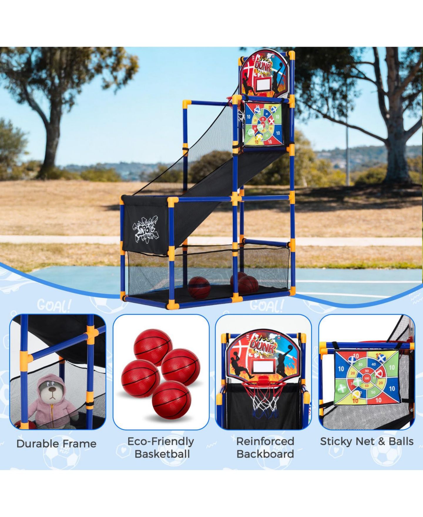 Детские игрушки homfan Kids Indoor Outdoor Portable Basketball Hoop Set with 10 Basketballs, Sticky Net and Air Pump, Ages 3+, цвет: Жёлтый — фото 5