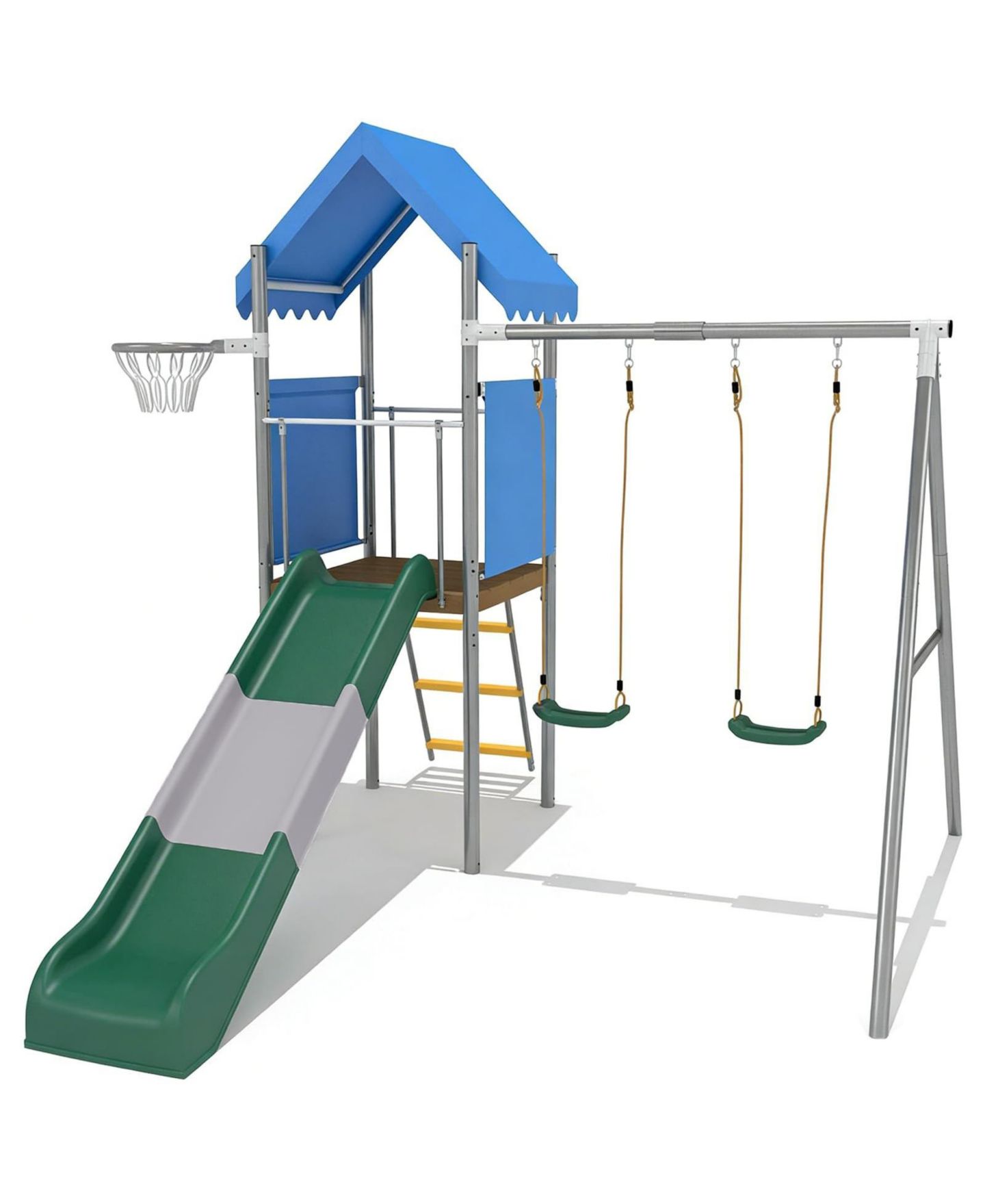 Детский игровой набор homfan 112 x 110 x 97 Inch Galvanized Steel and PE Outdoor Kids Treehouse Swing and Slides Playset with 2 Straight Swings, цвет: Синий — фото 8