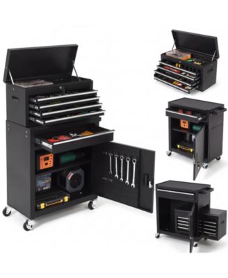 2-in-1 Tool Storage Cabinet: A lockable, 5-drawer metal tool cart on casters. Features a removable top toolbox, protective lining, and tool rack.