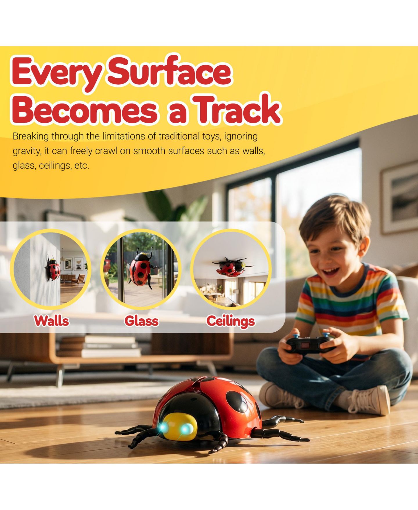 Детская игрушка Contixo RC7 Wall Climbing RC Stunt Ladybug with LED Lights and Spray, Remote Control Bug Toy for Floors, Walls, Ceilings and Glass, Kids Ages 3+, цвет: Чёрный / Красный — фото 4
