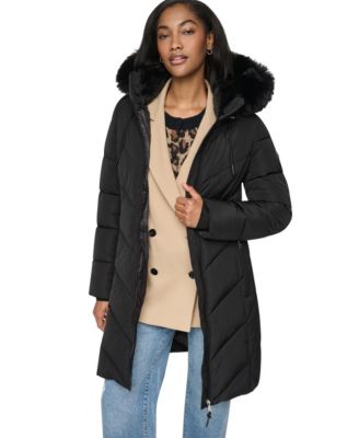 Women's Walker Length Puffer with Faux Fur Trimmed Hood Coat