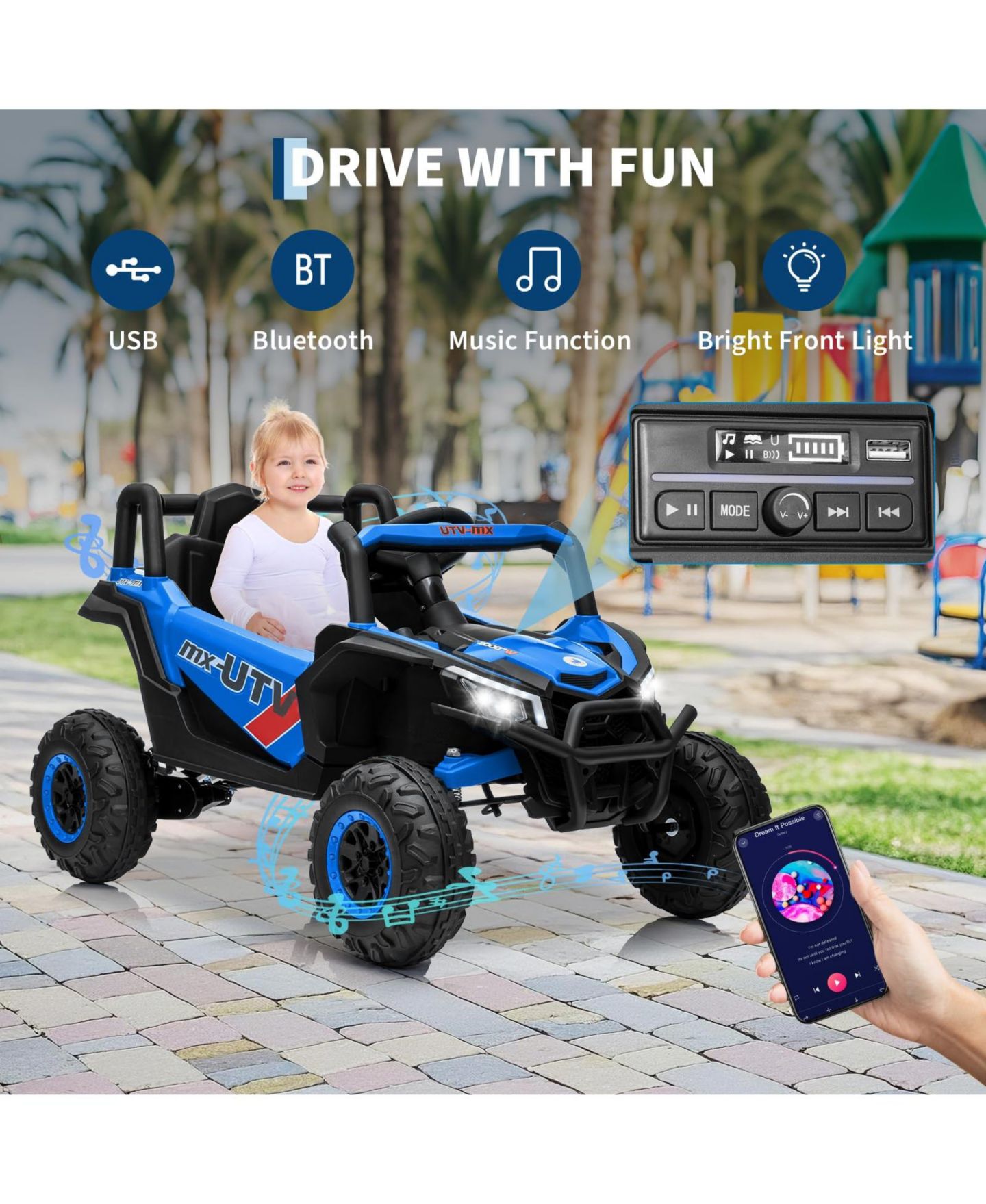Детские игрушки homfan 12V Ride On UTV Truck, 4WD/2WD Switchable, 4 Spring Suspension, EVA Tires, Safety Belt, Double Doors, Bluetooth, Music — фото 6
