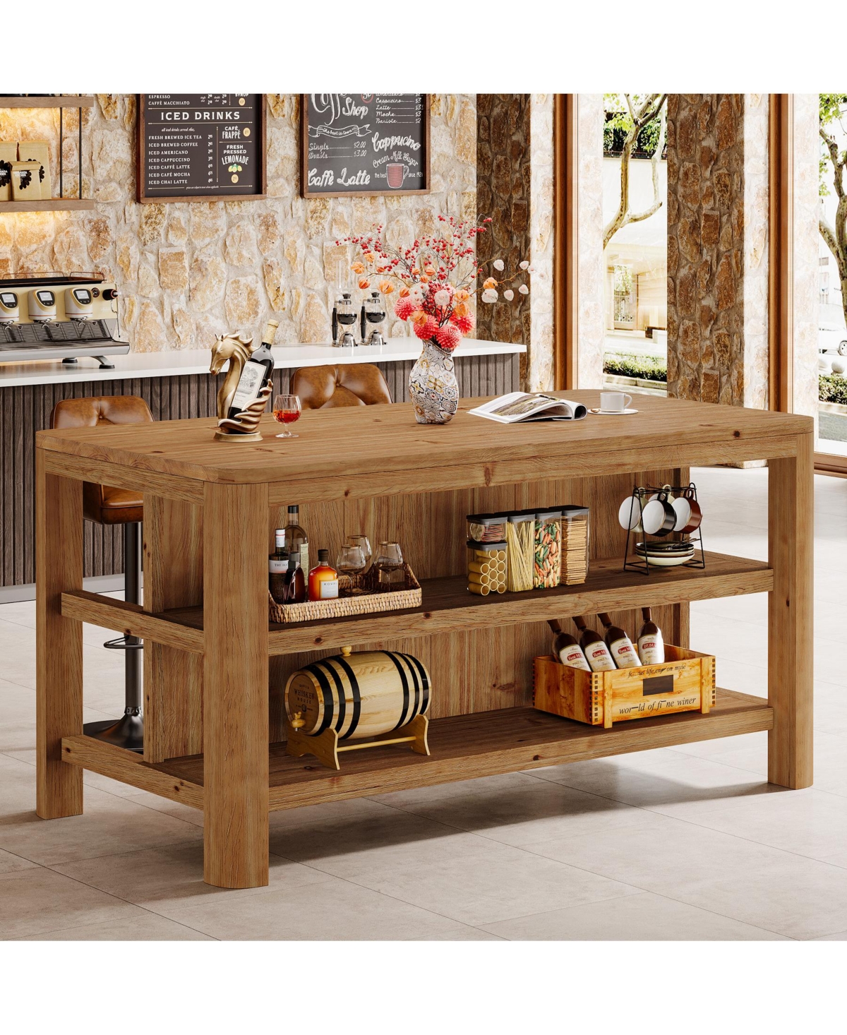 Tribesigns Solid Wood Bar Table, 63-Inch Counter Height Pub Table with Storage Shelves, Rectangular High Home Bar Furniture
