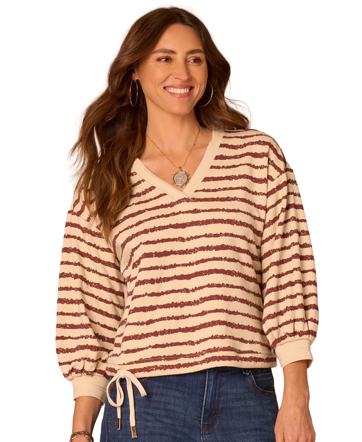 Democracy Women's Jacquard V-neck Blouson-sleeve Top In Birch,burnt Henna