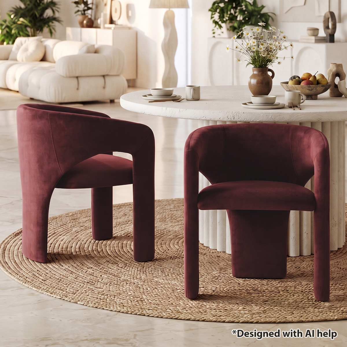 Maison Boucle Modern Velvet Barrel Dining Chairs Set of 2, Burgundy Upholstered Curved Back, Wraparound Accent Side for Room and Kitchen