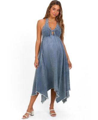 Women's Light Denim Smocked Halter Handkerchief Dress