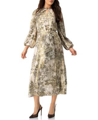 Women's Botanical Print Satin, Long Sleeve Belted Keyhole Midi Dress