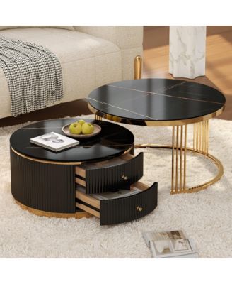 Modern 2 Pieces Round Nesting Coffee Table with Drawers in 27.6'' inch