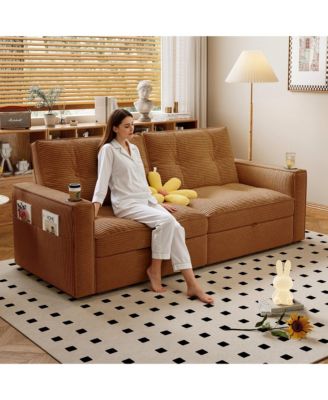 2-in-1 Convertible Sofa Bed with Corduroy Upholstery, Dual Armrest Cup Holders and Side Storage