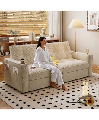 2-in-1 Convertible Sofa Bed with Corduroy Upholstery, Dual Armrest Cup Holders and Side Storage