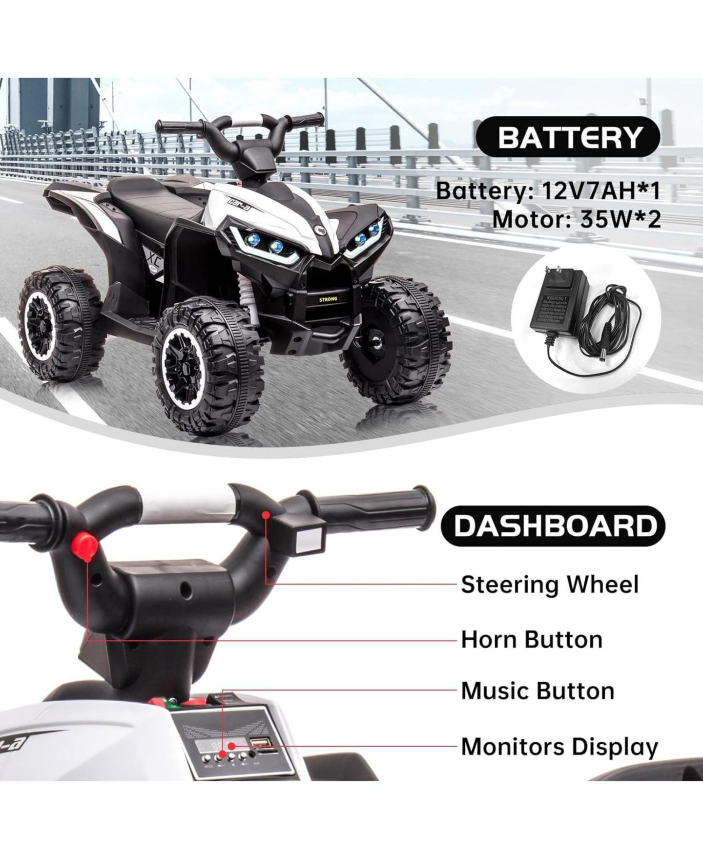 Детская игрушка homfan Kids ATV, 12V Ride On Toy ATV, Battery Powered 4 Wheeler Quad Car, Electric ATV with Remote Control, Music, Horn, Monitor Display, цвет: Чёрный — фото 10