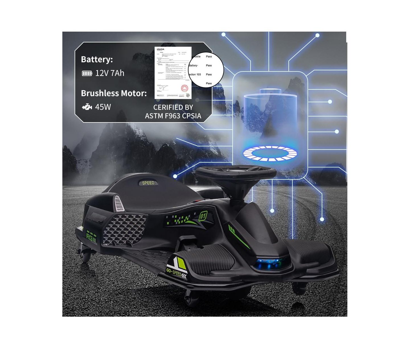 Детская игрушка homfan Electric Drift Variable-Speed Go-Kart, 110 lbs Capacity, Ages 8+, цвет: Чёрный — фото 4