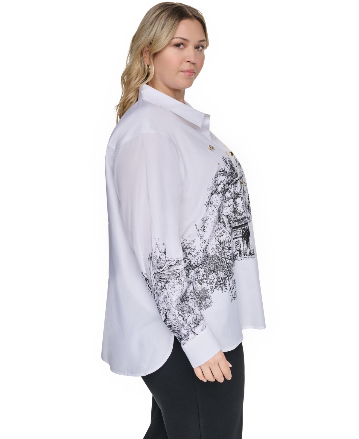 Karl Lagerfeld Paris Plus City Scene Poplin Collared Long-Sleeve Top