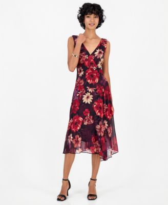 Petite Floral Asymmetrical-Hem V-Neck Dress