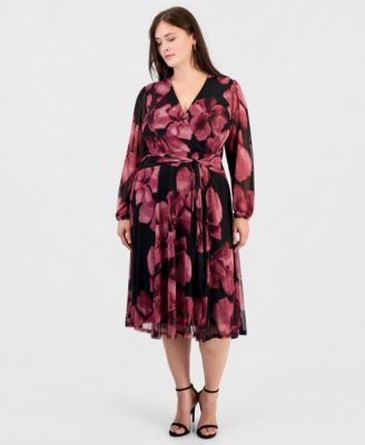 Plus Size Floral Mesh Surplice Dress
