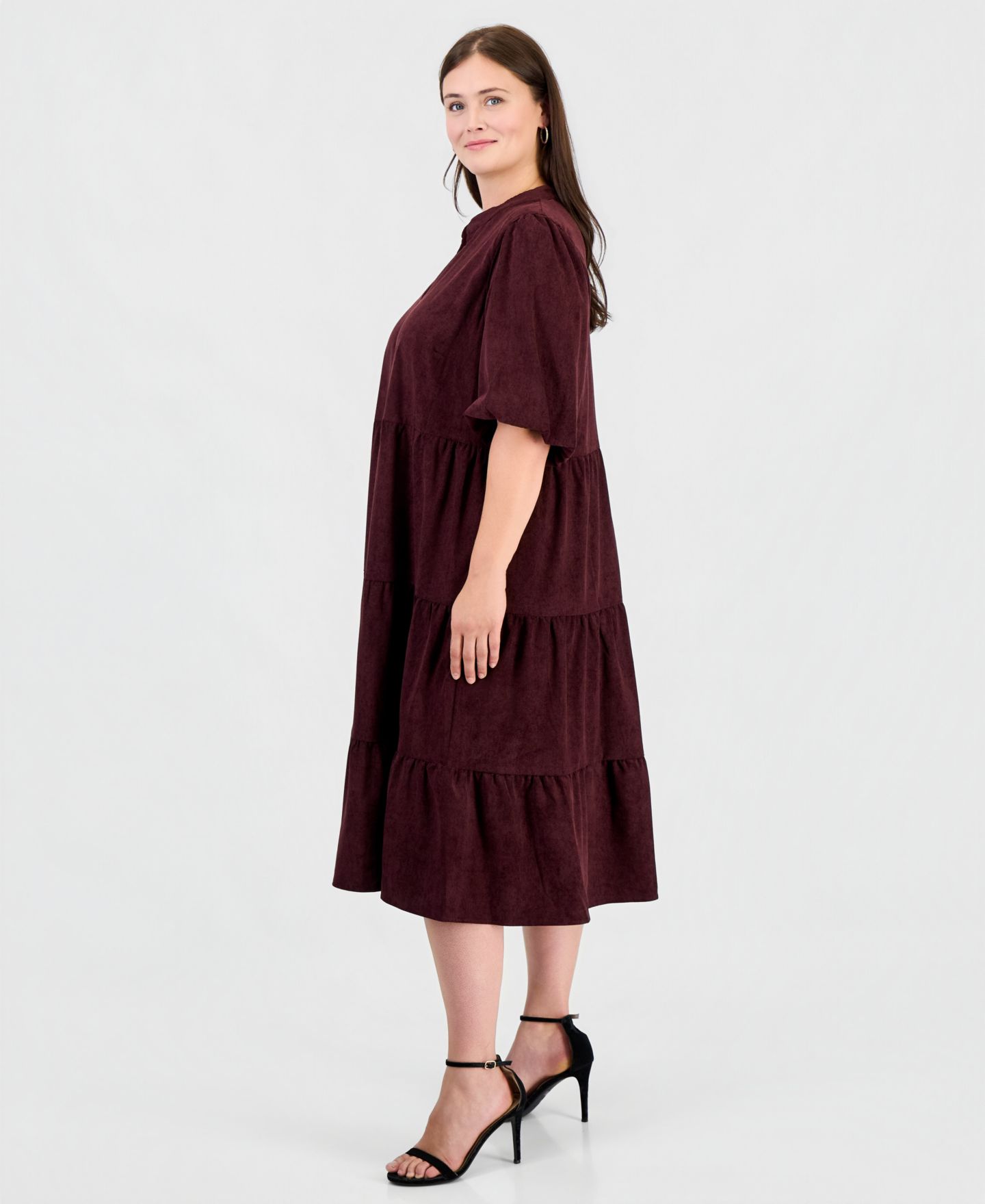 Женское платье Robbie Bee Plus Size Corduroy Puff-Sleeve Tiered, цвет: Винный — фото 5