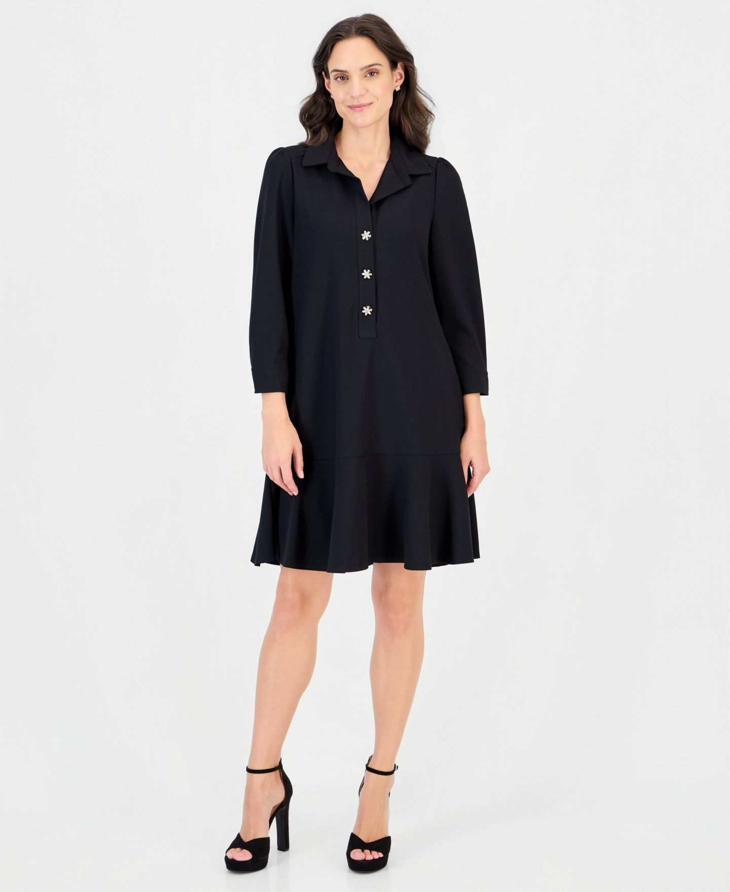 Женское платье Robbie Bee Petite Collared 3/4-Sleeve Flared-Hem, цвет: Чёрный — фото 1