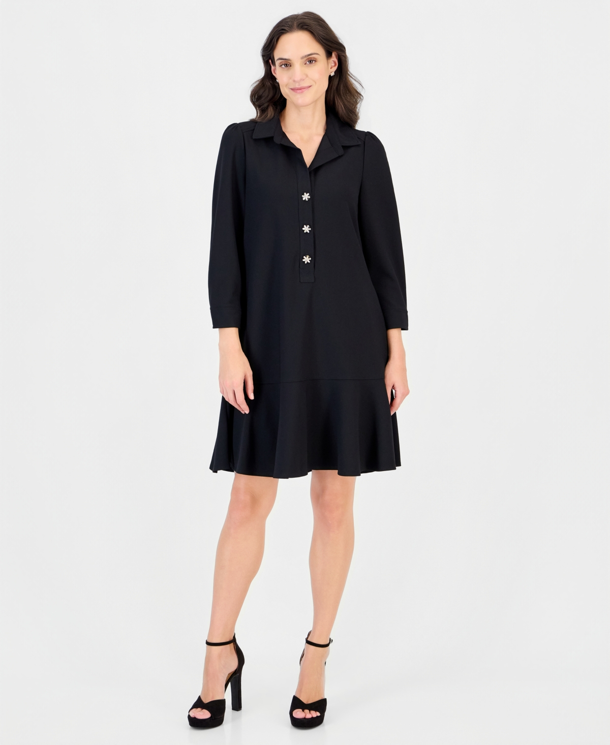 Robbie Bee Petite Scuba Crepe 3/4 Sleeve Ruffled Hem Shirt Dress
