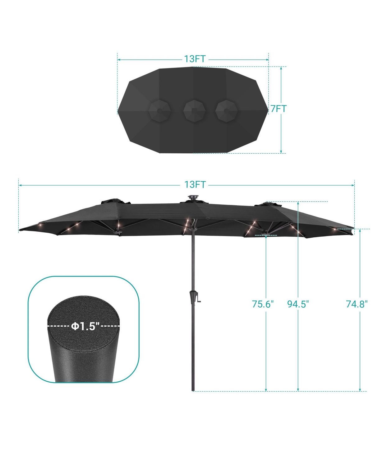 Sonkuki 13 x 7.2feet Solar-Powered Double-Sided Patio Umbrella with Large Canopy Outdoor Table for Garden, deck and pool