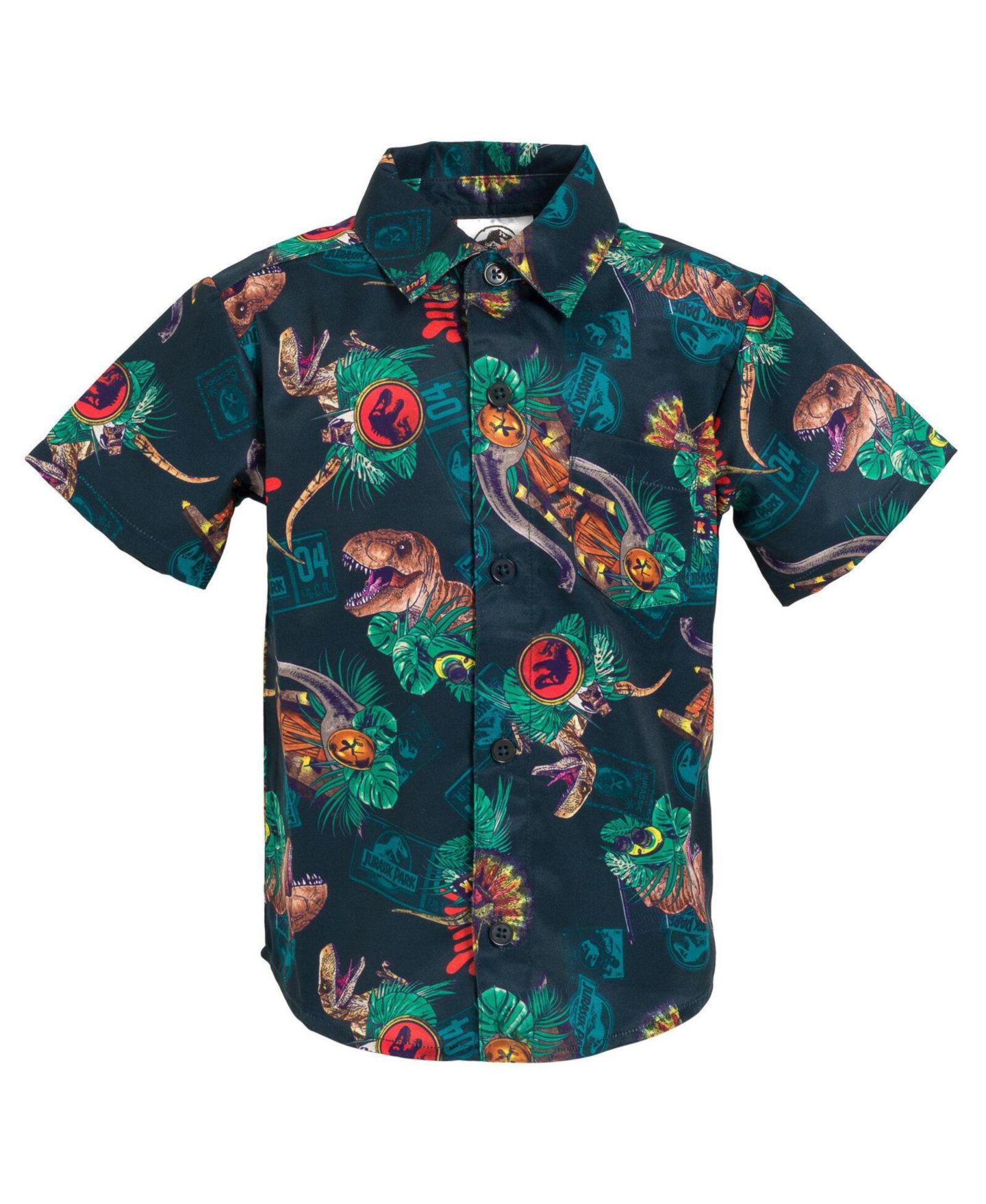 Рубашка Jurassic Park T-Rex Hawaiian Short Sleeve Button Down Shirt для мальчиков, цвет: Чёрный — фото 1