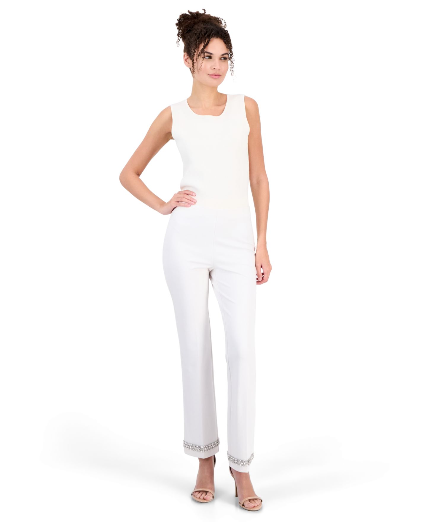 Женские брюки Anne Klein Hollywood Waist Flare Ankle Embellished, цвет: Белый — фото 4