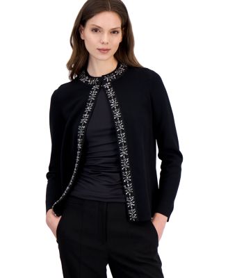 Petite Embellished Crewneck Open-Front Cardigan Sweater